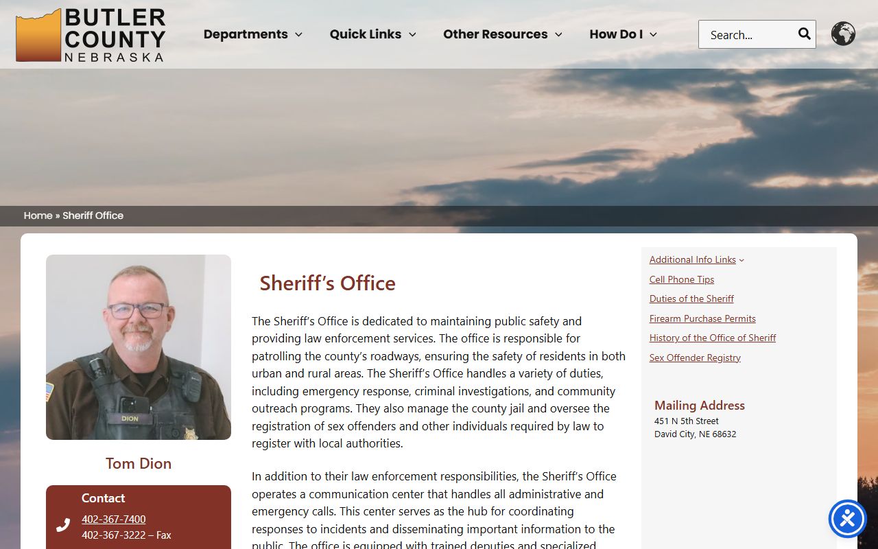 Butler County sheriff office jail records contact page