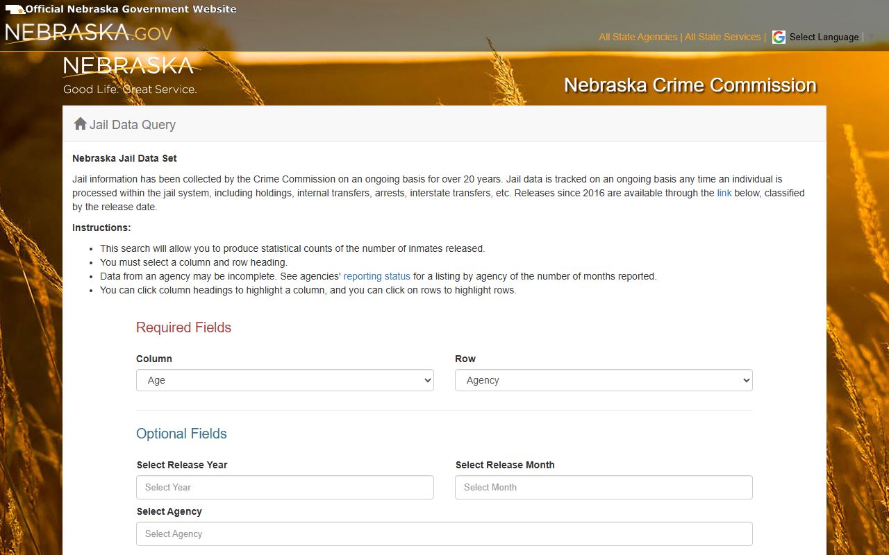 Nebraska jail data query for Butler County inmate population statistics