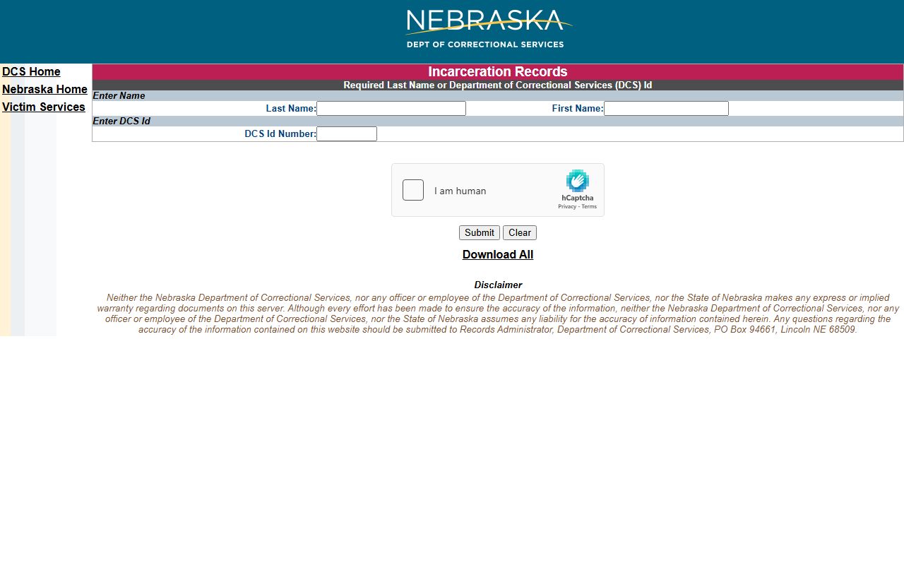 NDCS inmate records search fields for Butler County sentenced prisoners